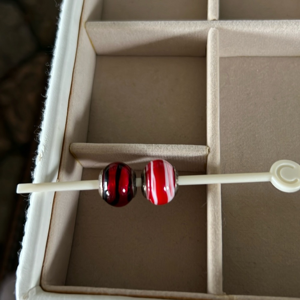 Murano glass beads with sterling, silver, red and black, red and white
